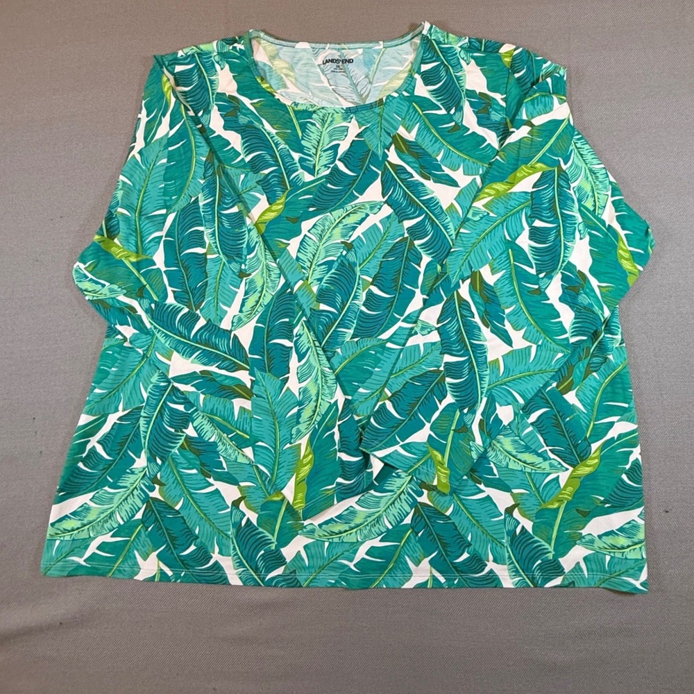Lands End Womens 2X Rash Guard Tropical Leaf Long Sleeve Blue Green 428200 1945